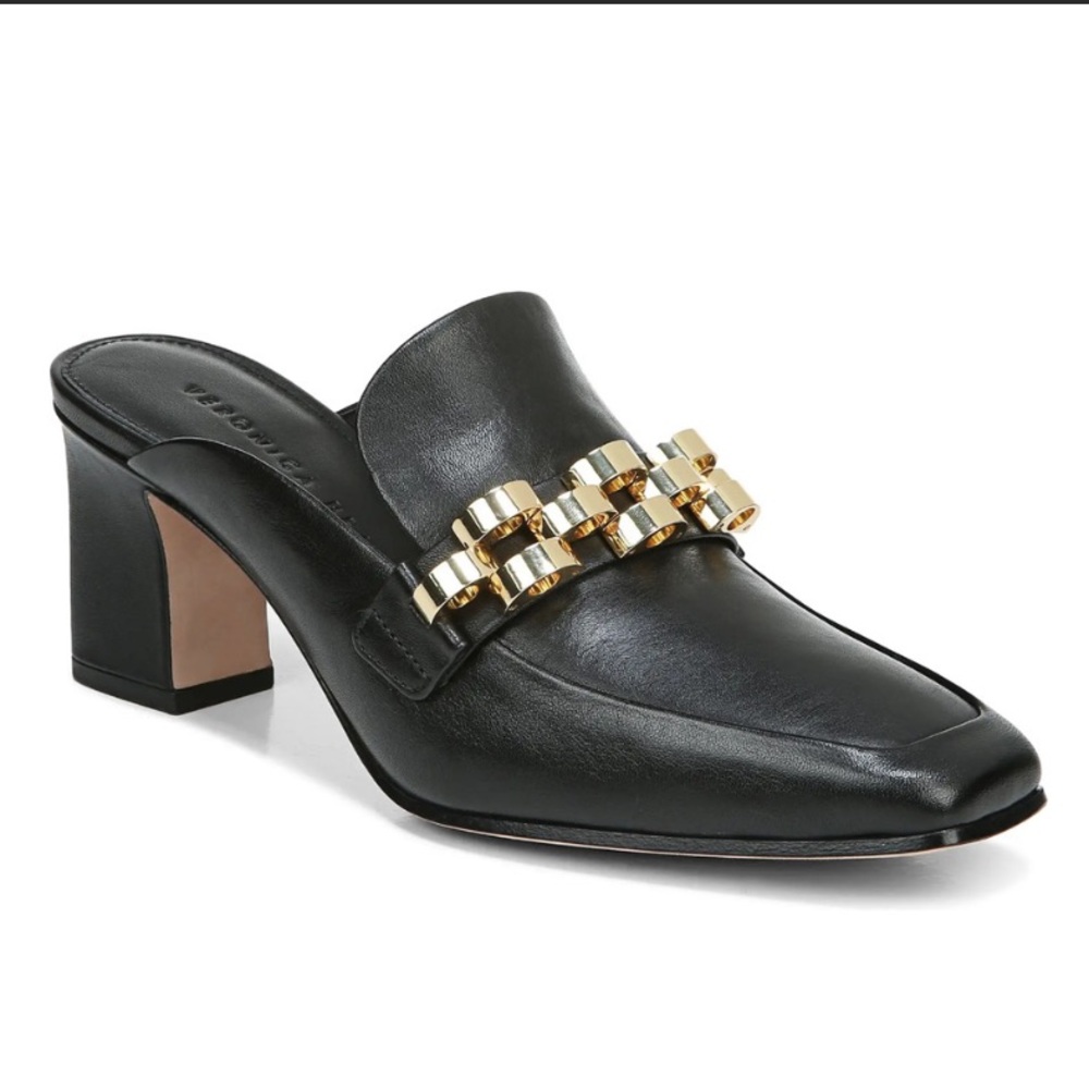 Veronica Beard Bera Black Leather Gold Chain Embellished Heels Mules Loafers 7.5